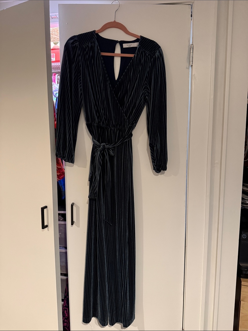 Anthropologie Blue/Grey Long Sleeve Wrap Jumpsuit with Tie Waist